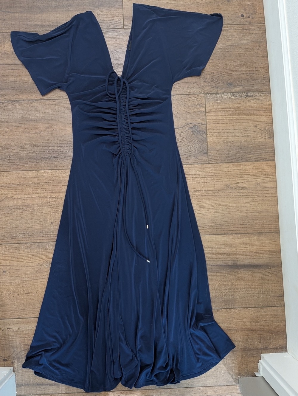 White House Black Market Navy Ruched Tie-Front Maxi Dress